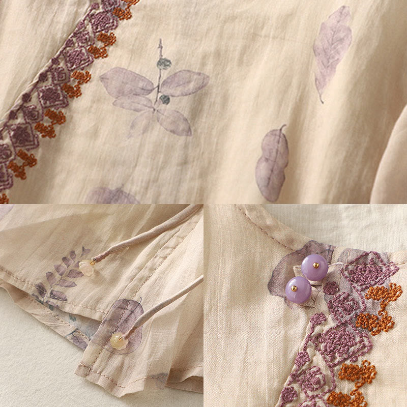 Buddha Stones Embroidery Design Leaves Women's Cotton Linen Three Quarter Sleeve Shirt - image 11