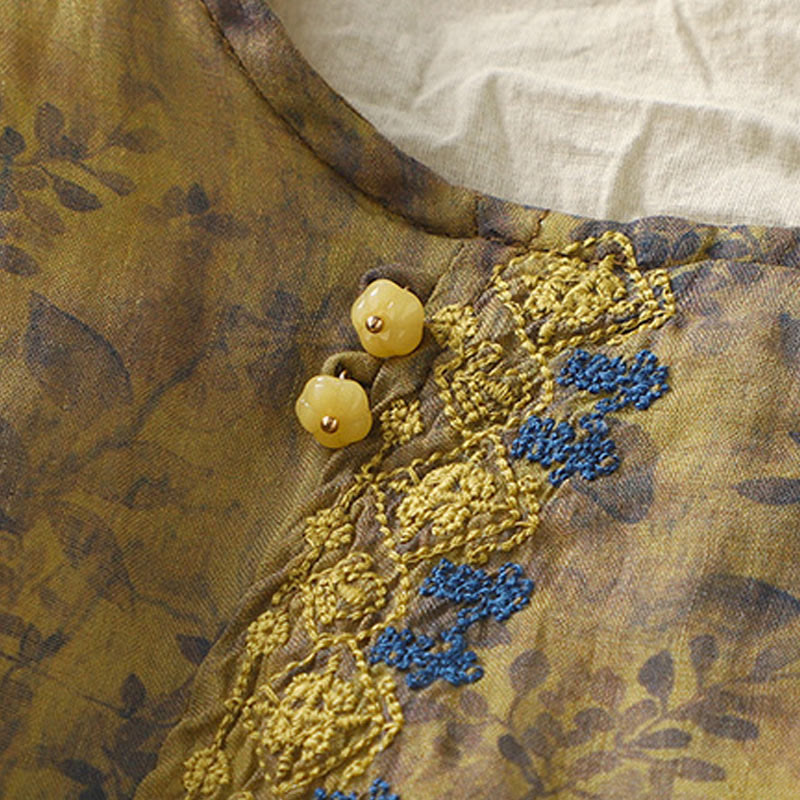 Buddha Stones Embroidery Design Leaves Women's Cotton Linen Three Quarter Sleeve Shirt - image 14
