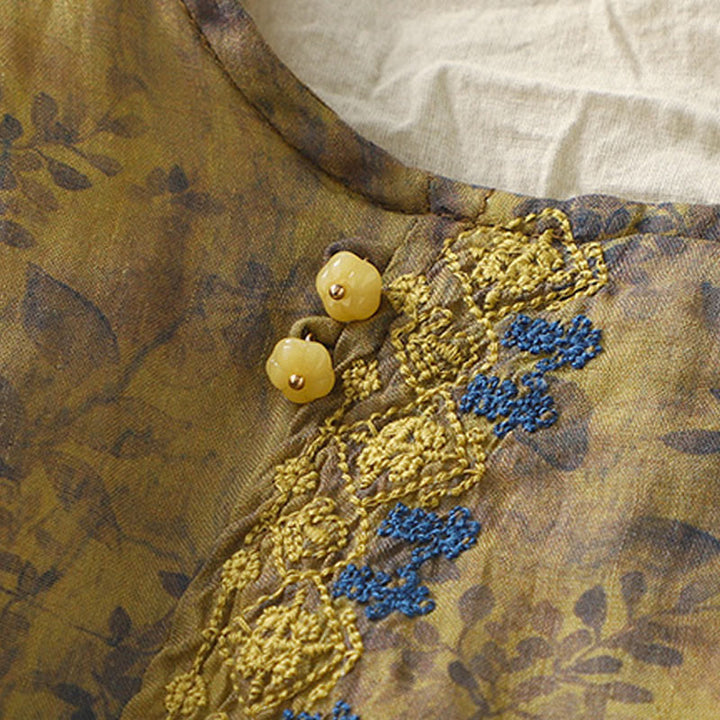 Buddha Stones Embroidery Design Leaves Women's Cotton Linen Three Quarter Sleeve Shirt - image 14
