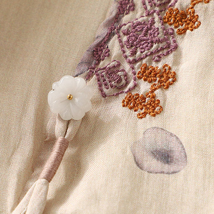 Buddha Stones Embroidery Design Leaves Women's Cotton Linen Three Quarter Sleeve Shirt - image 6