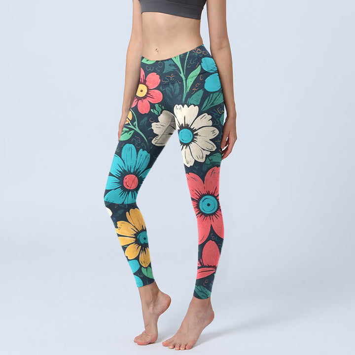 Buddha Stones Colorful Flower Pattern Print Gym Leggings Women's Yoga Pants - Black - US18，UK/AU22，EU50 (4XL) - image 0