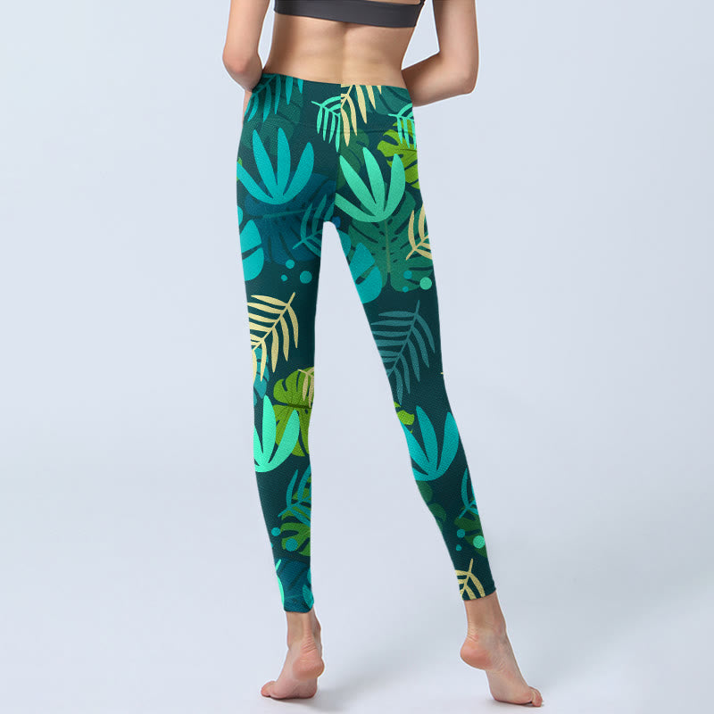 Buddha Stones Various Shapes Of Leaves Pattern Print Gym Leggings Women's Yoga Pants - image 6