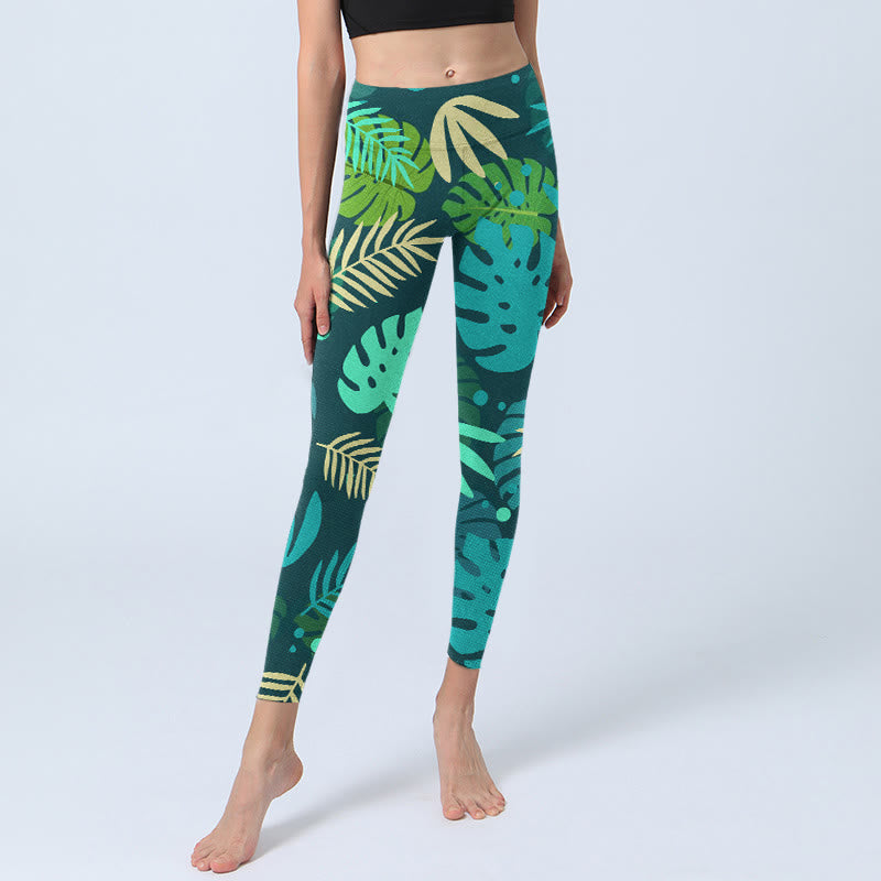 Buddha Stones Various Shapes Of Leaves Pattern Print Gym Leggings Women's Yoga Pants - image 5