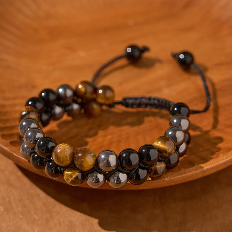 Buddha Stones Natural Tiger Eye Black Magnetite Black Onyx Double Row Beads Protection Bracelet