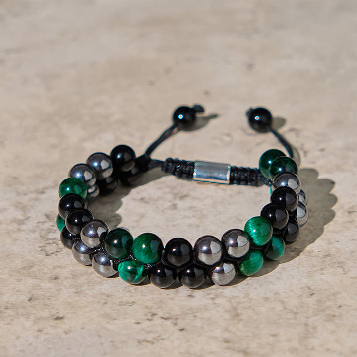 Buddha Stones Natural Green Tiger Eye Black Magnetite Black Obsidian Double Row Beads Positive Bracelet