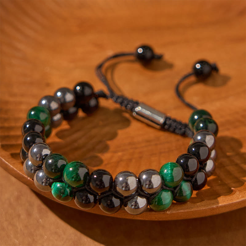Buddha Stones Natural Green Tiger Eye Black Magnetite Black Obsidian Double Row Beads Positive Bracelet