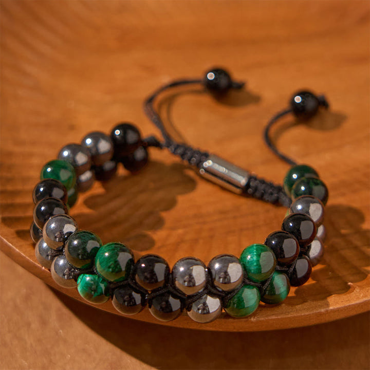 Buddha Stones Natural Green Tiger Eye Black Magnetite Black Obsidian Double Row Beads Positive Bracelet