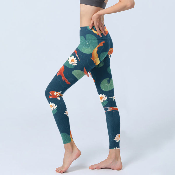 Buddha Stones Koi Fish Lotus Flower Lotus Leaves Pattern Print Gym Leggings Women's Yoga Pants - image 2