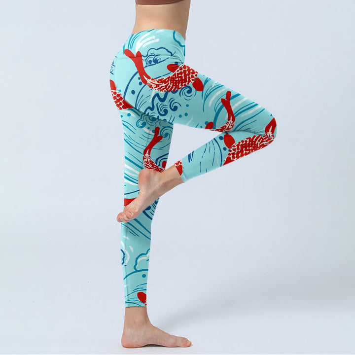 Buddha Stones Koi Fish Wave Pattern Print Gym Leggings Women's Yoga Pants - image 4
