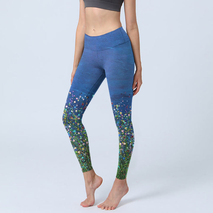 Buddha Stones Grass Flower Pattern Print Gym Leggings Women's Yoga Pants - RoyalBlue - US18，UK/AU22，EU50 (4XL) - image 0