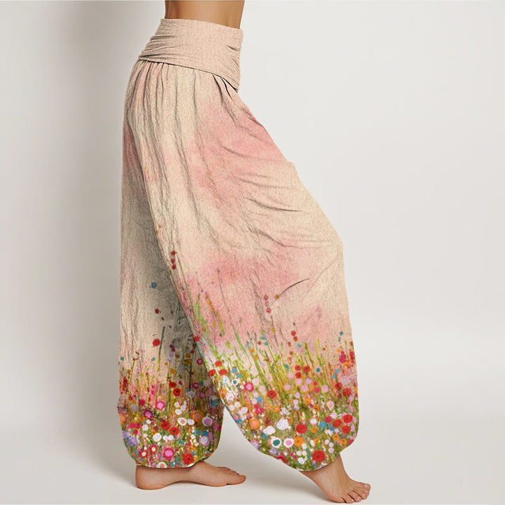 Buddha Stones Cotton Casual Colorful Wildflower Field Pattern Women's Elastic Waist Harem Pants - image 2