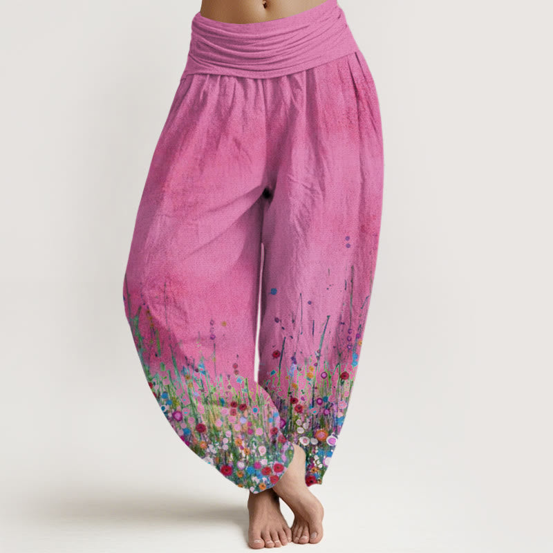 Buddha Stones Casual Colorful Wildflower Field Pattern Women's Elastic Waist Harem Pants - DeepPink - US22，UK/AU26，EU54 (6XL) - image 7