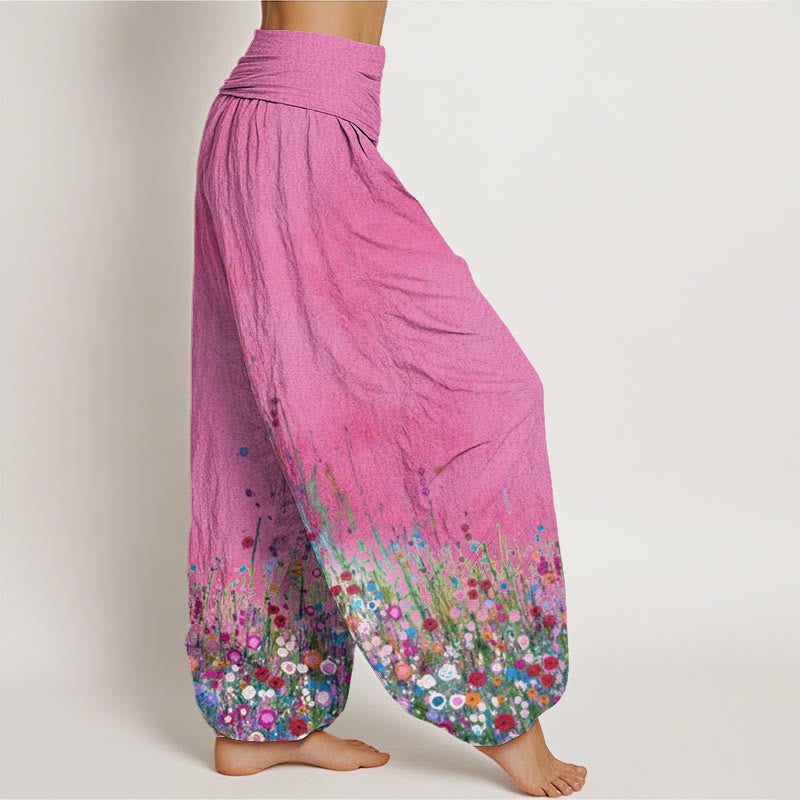 Buddha Stones Casual Colorful Wildflower Field Pattern Women's Elastic Waist Harem Pants - image 9