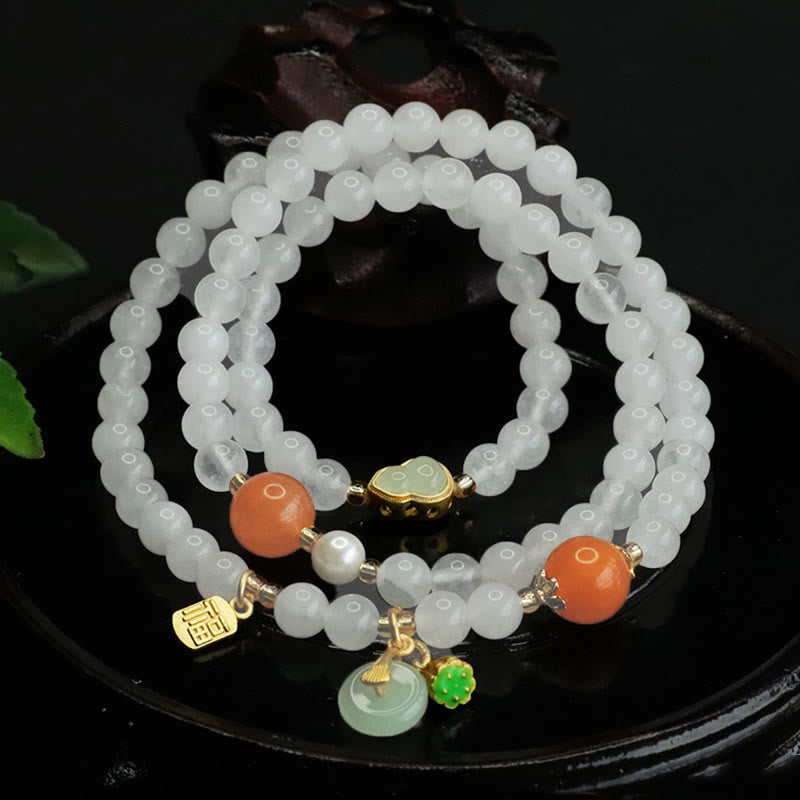 Buddha Stones Natural White Jade Multi-layer Gourd Peace Buckle Fu Character Luck Bracelet