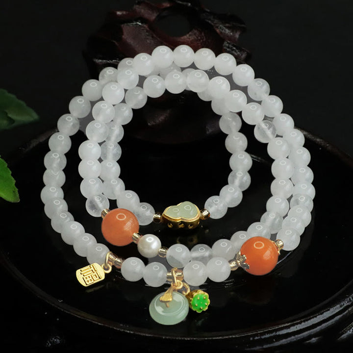 Buddha Stones Natural White Jade Multi-layer Gourd Peace Buckle Fu Character Luck Bracelet