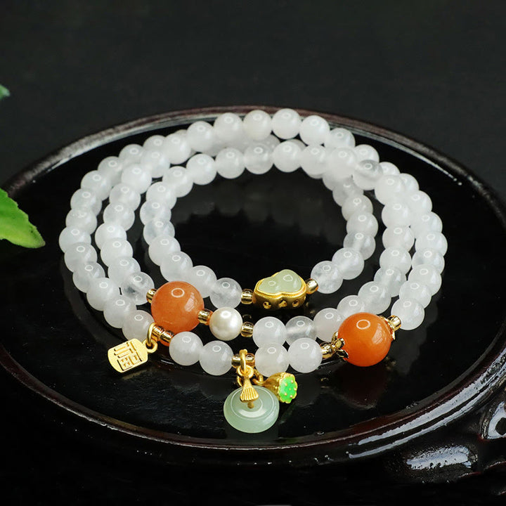 Buddha Stones Natural White Jade Multi-layer Gourd Peace Buckle Fu Character Luck Bracelet