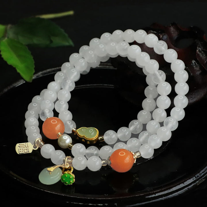 FREE Today: Luck Happiness Natural White Jade Multi-layer Gourd Peace Buckle Fu Character Bracelet