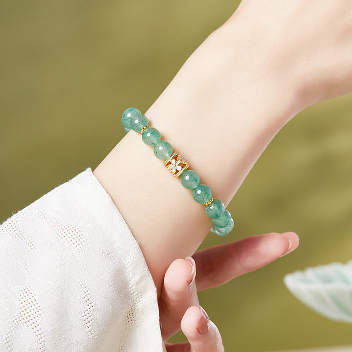 Buddha Stones 925 Sterling Silver Green Strawberry Quartz Flower Calm Bracelet - image 3