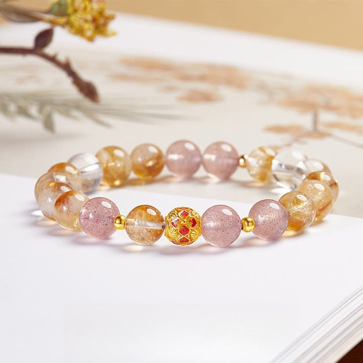 Buddha Stones 999 Sterling Silver Citrine Strawberry Quartz White Crystal Protection Bracelet - Citrine(Wrist Circumference: 17-19cm) - image 0