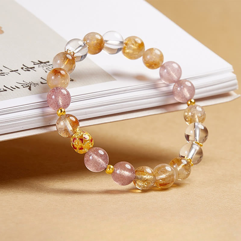 Buddha Stones 999 Sterling Silver Citrine Strawberry Quartz White Crystal Protection Bracelet - image 1