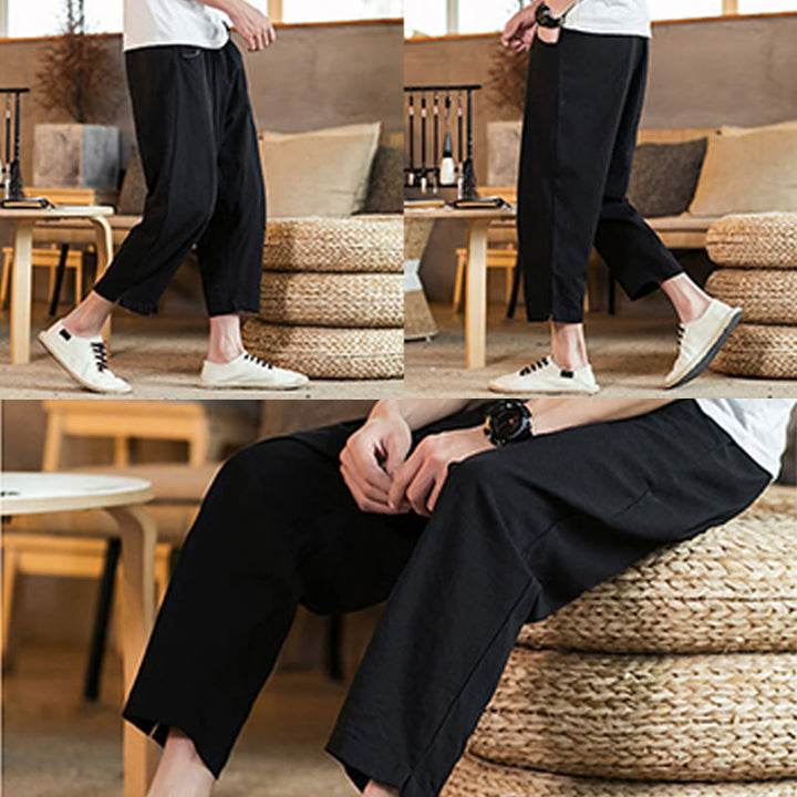 Buddha Stones Casual Solid Color Drawstring Men's Elastic Waistband Cotton Linen Pants With Pockets - image 32