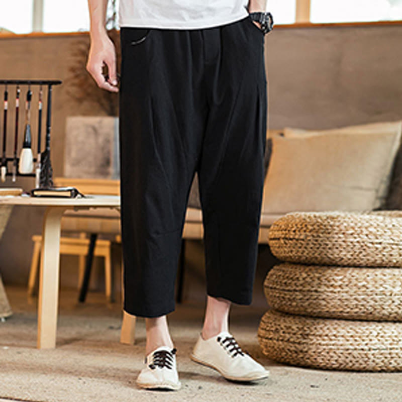 Buddha Stones Casual Solid Color Drawstring Men's Elastic Waistband Cotton Linen Pants With Pockets - Black - US/UK/AU46，EU56 (5XL) - image 26