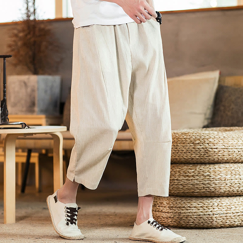 Buddha Stones Casual Solid Color Drawstring Men's Elastic Waistband Cotton Linen Pants With Pockets - Beige - US/UK/AU46，EU56 (5XL) - image 40