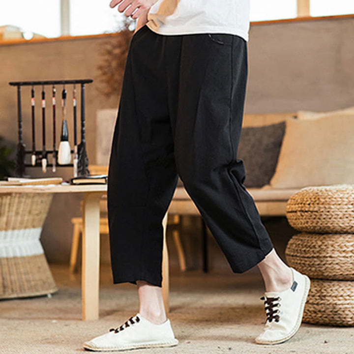 Buddha Stones Casual Solid Color Drawstring Men's Elastic Waistband Cotton Linen Pants With Pockets - image 28