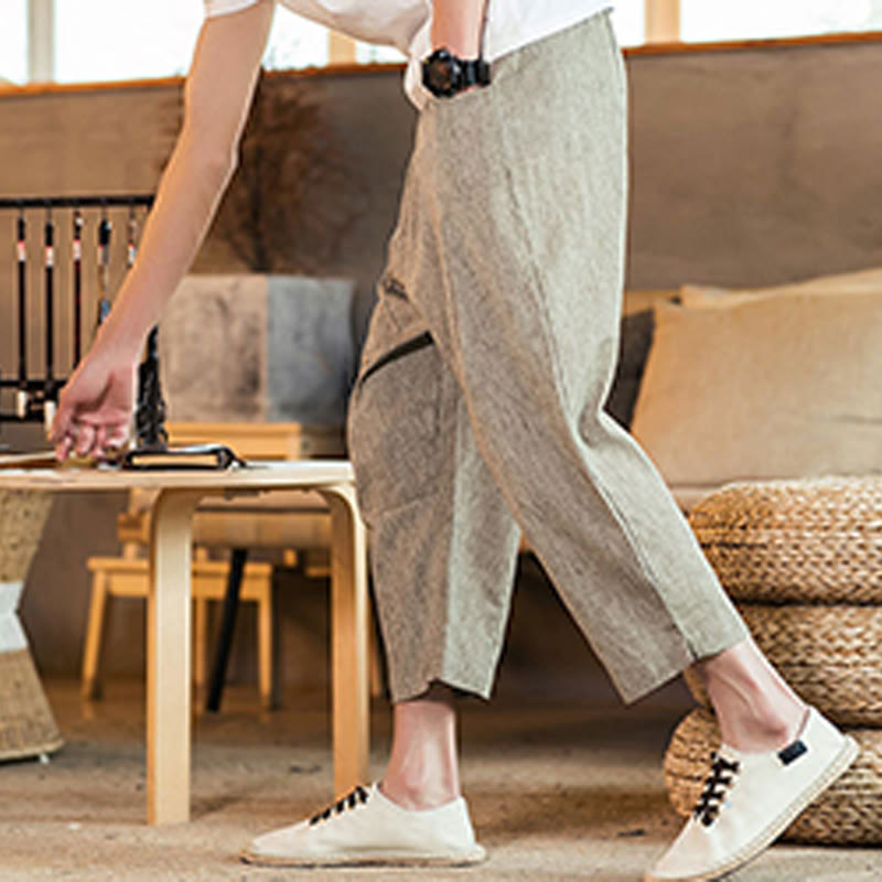 Buddha Stones Casual Solid Color Drawstring Men's Elastic Waistband Cotton Linen Pants With Pockets - image 5