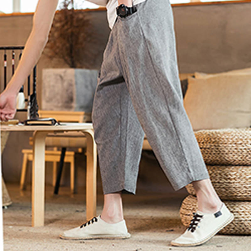 Buddha Stones Casual Solid Color Drawstring Men's Elastic Waistband Cotton Linen Pants With Pockets - image 23