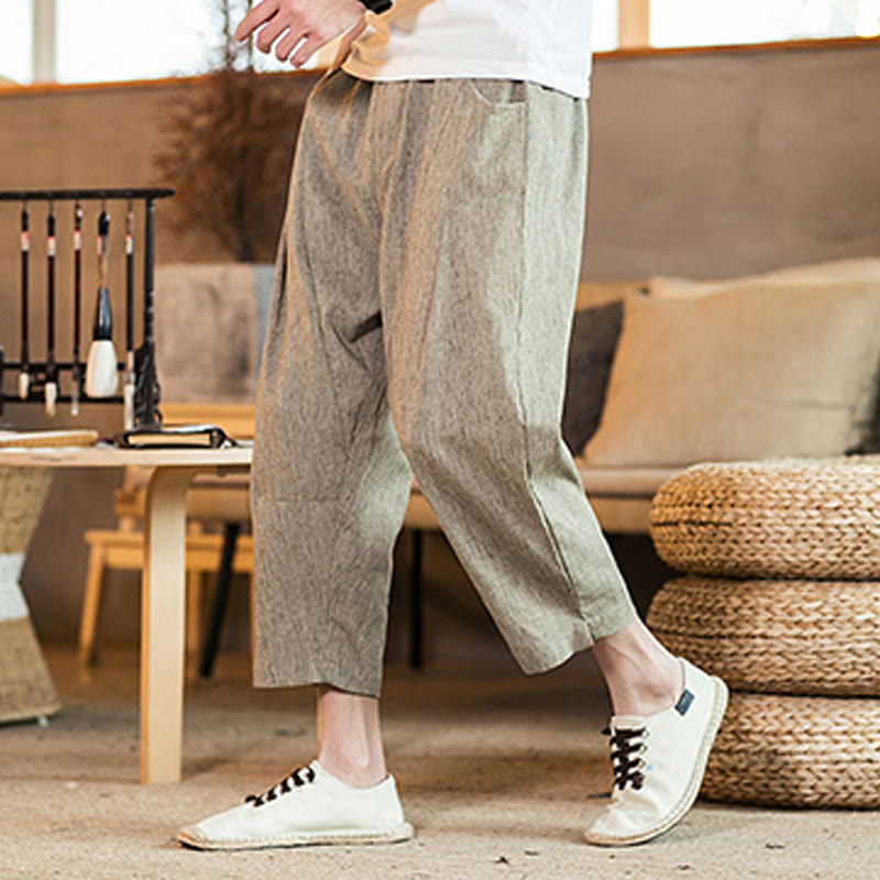 Buddha Stones Casual Solid Color Drawstring Men's Elastic Waistband Cotton Linen Pants With Pockets - image 1