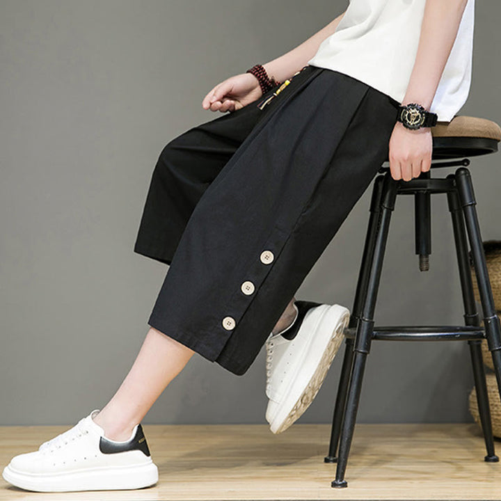 Buddha Stones Casual Plain Side Button Design Drawstring Men's Cotton Cropped Pants With Pockets - image 15