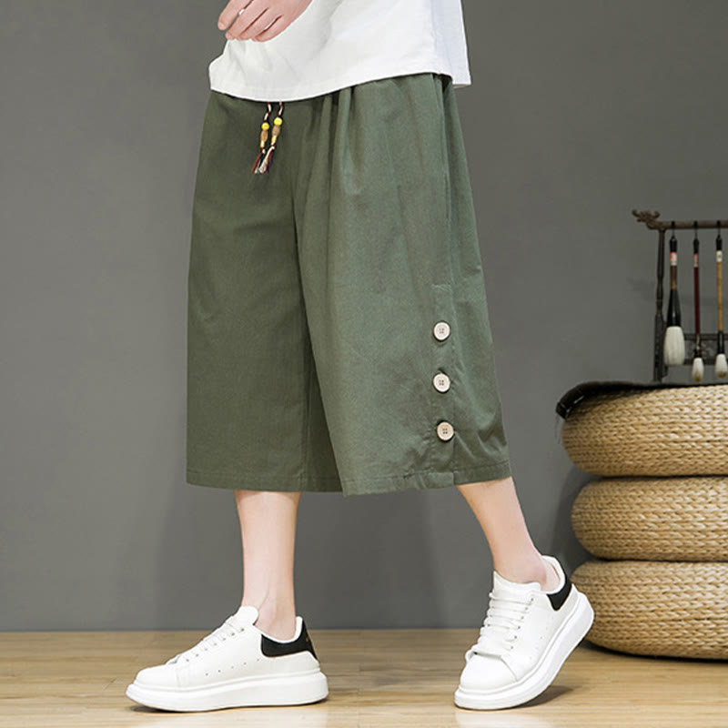 Buddha Stones Casual Plain Side Button Design Drawstring Men's Cotton Cropped Pants With Pockets - image 17