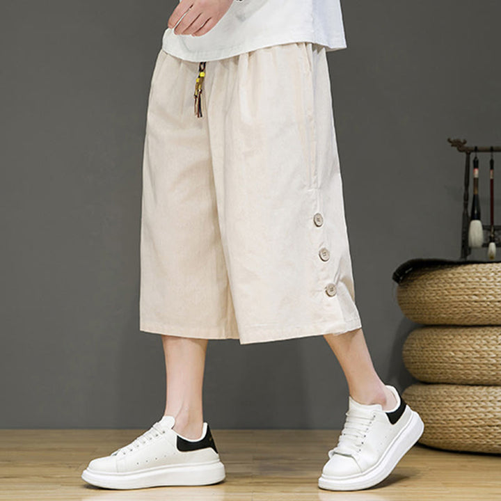 Buddha Stones Casual Plain Side Button Design Drawstring Men's Cotton Cropped Pants With Pockets - image 1