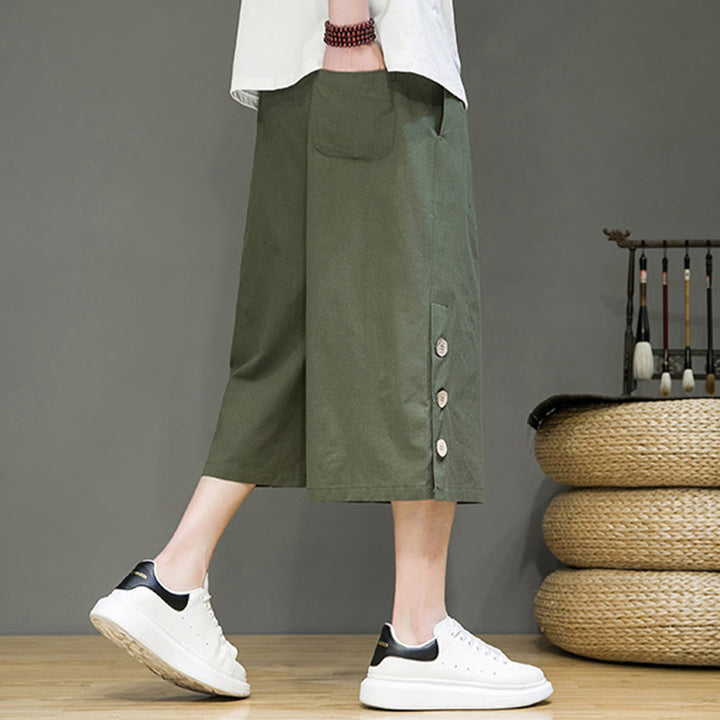 Buddha Stones Casual Plain Side Button Design Drawstring Men's Cotton Cropped Pants With Pockets - image 22