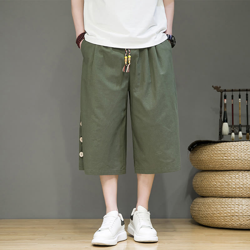 Buddha Stones Casual Plain Side Button Design Drawstring Men's Cotton Cropped Pants With Pockets - OliveDrab - US/UK/AU46，EU56 (5XL) - image 16