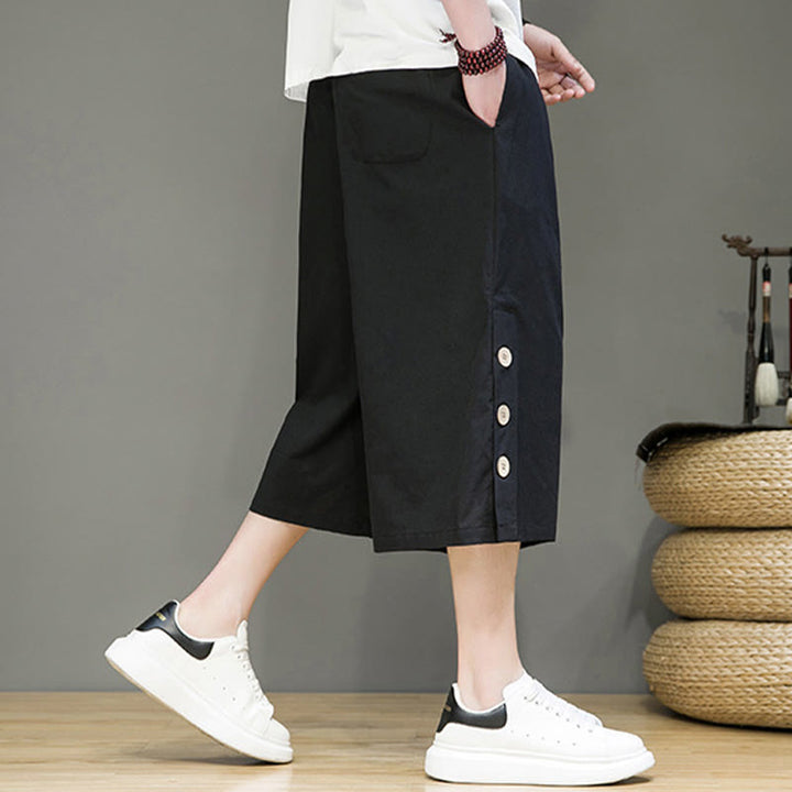 Buddha Stones Casual Plain Side Button Design Drawstring Men's Cotton Cropped Pants With Pockets - image 10