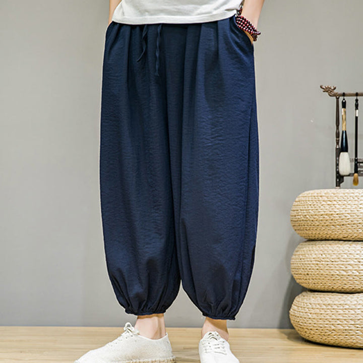 Buddha Stones Summer Plain Drawstring Men's Ankle-Length Cotton Harem Pants With Pockets - image 1