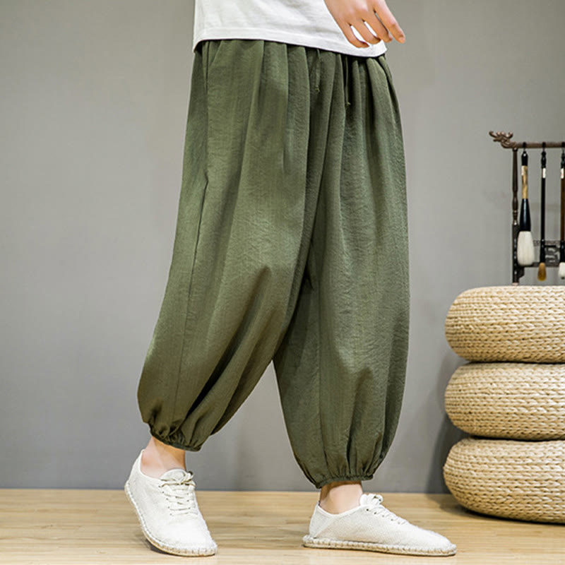 Buddha Stones Summer Plain Drawstring Men's Ankle-Length Cotton Harem Pants With Pockets - image 36
