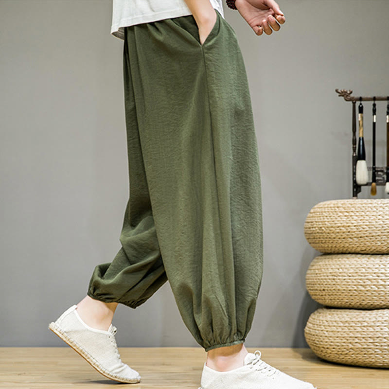 Buddha Stones Summer Plain Drawstring Men's Ankle-Length Cotton Harem Pants With Pockets - image 32