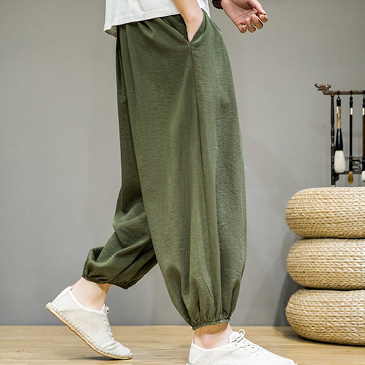 Buddha Stones Summer Plain Drawstring Men's Ankle-Length Cotton Harem Pants With Pockets - image 32