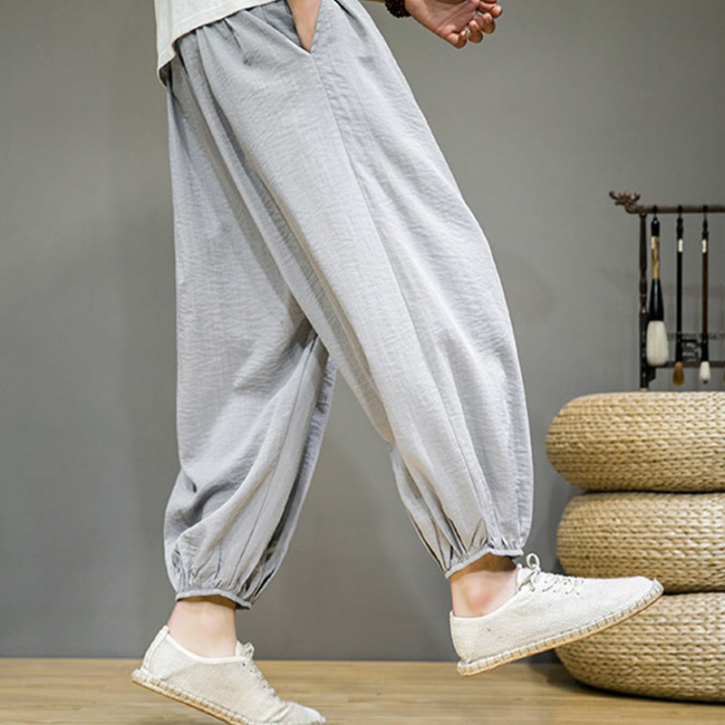 Buddha Stones Summer Plain Drawstring Men's Ankle-Length Cotton Harem Pants With Pockets - image 15