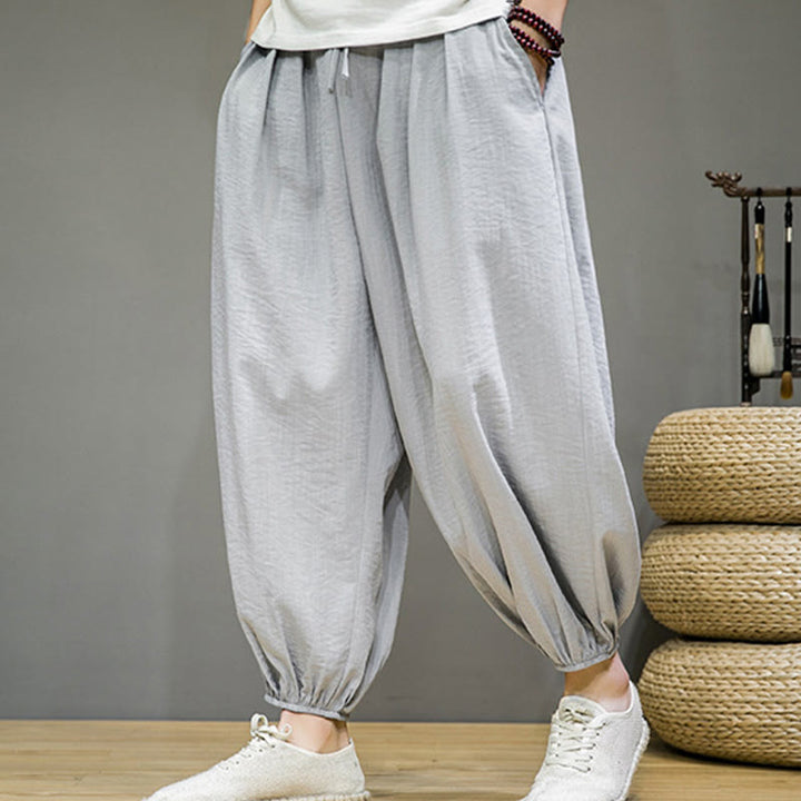 Buddha Stones Summer Plain Drawstring Men's Ankle-Length Cotton Harem Pants With Pockets - image 10