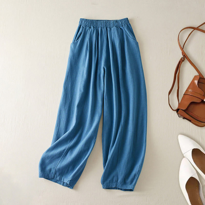Buddha Stones Plain Color Cotton Linen Women's Pants With Pockets - SteelBlue - US8-10，UK/AU12-14，EU40-42 (2XL) - image 16