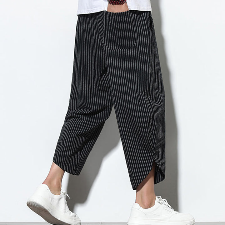 Buddha Stones Summer Stripes Pattern Drawstring Cotton Linen Men's 7-8 Length Harem Pants With Pockets - image 11
