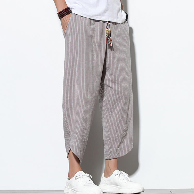 Buddha Stones Summer Stripes Pattern Drawstring Cotton Linen Men's 7-8 Length Harem Pants With Pockets - image 26
