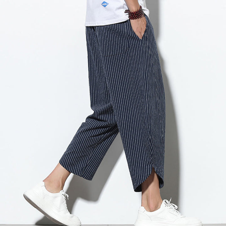 Buddha Stones Summer Stripes Pattern Drawstring Cotton Linen Men's 7-8 Length Harem Pants With Pockets - image 38