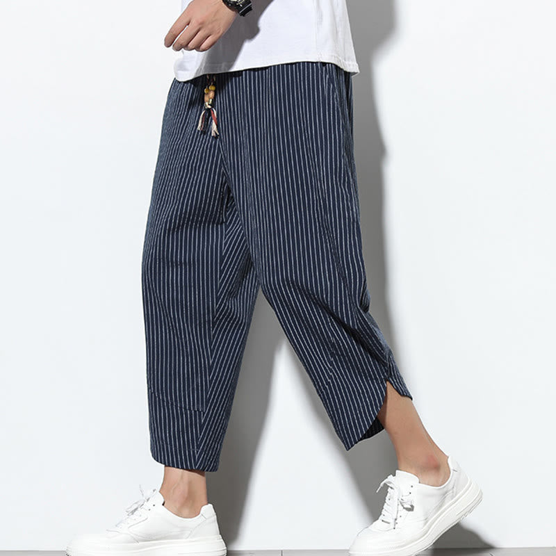 Buddha Stones Summer Stripes Pattern Drawstring Cotton Linen Men's 7-8 Length Harem Pants With Pockets - MidnightBlue - US/UK/AU46，EU56 (5XL) - image 31