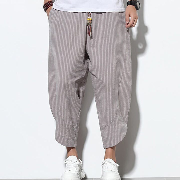Buddha Stones Summer Stripes Pattern Drawstring Cotton Linen Men's 7-8 Length Harem Pants With Pockets - image 24