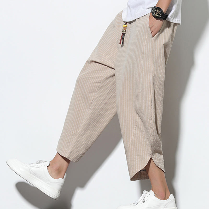 Buddha Stones Summer Stripes Pattern Drawstring Cotton Linen Men's 7-8 Length Harem Pants With Pockets - AntiqueWhite - US/UK/AU46，EU56 (5XL) - image 0